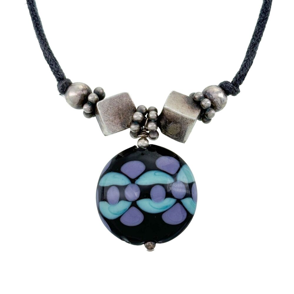 Vintage Sterling Silver 925 Blue Black Glass Pendant Corded Necklace 16"